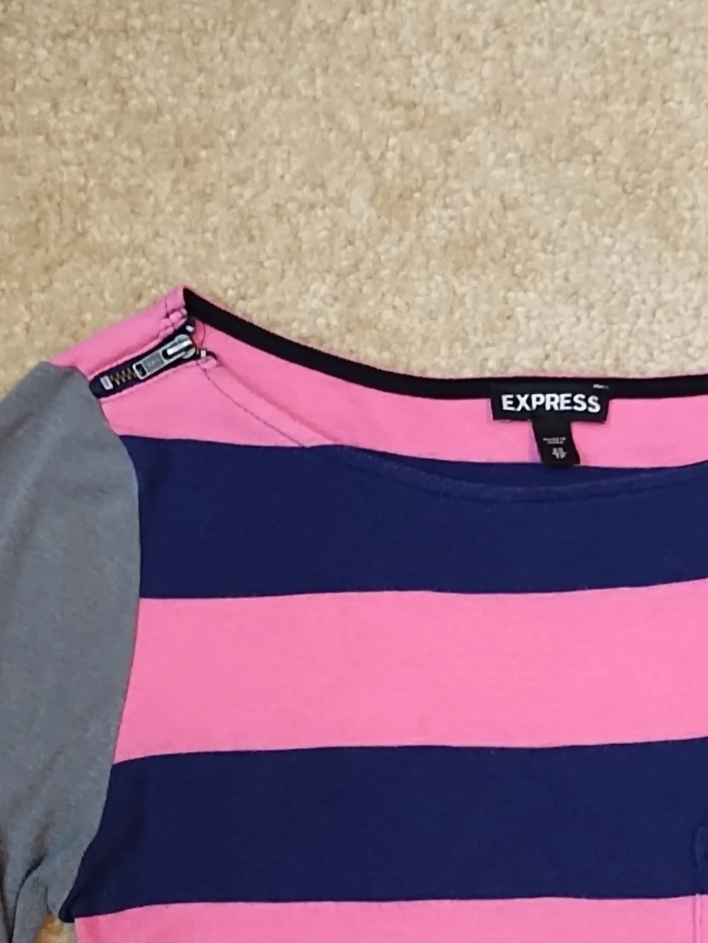 Express Pink & Navy Wide-Stripe Knit Top Zipper Gray Sleeves Women's Size XS